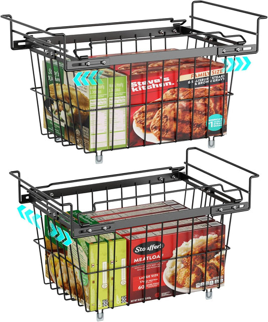 iSPECLE Freezer Organizer Bins - 2 Pcs Hanging Baskets for Deep Freezer, Adjustable Wider & Deeper Chest Freezer Organizer Bins for 5 to 9 Cu Ft, Extra Large & Easy Organize, Black