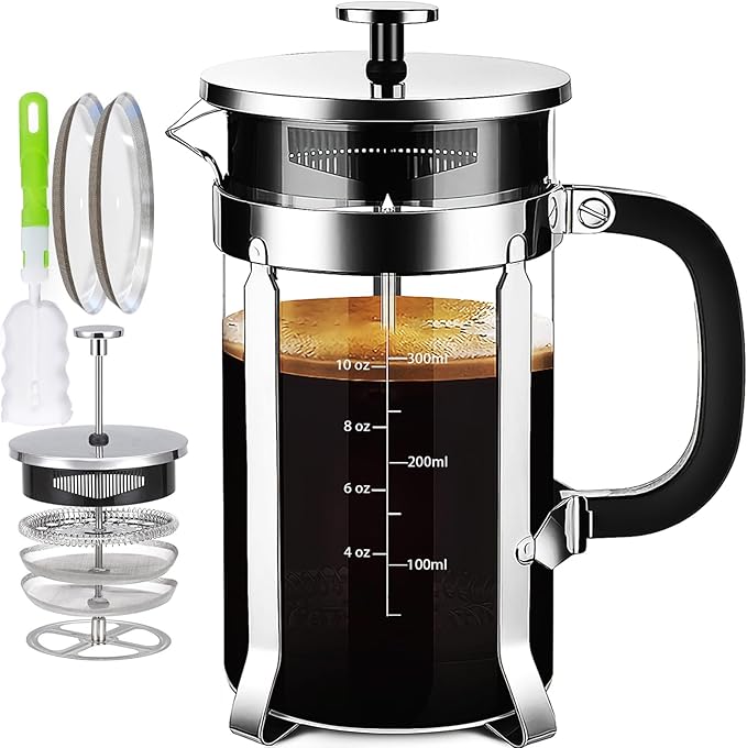 French Press Coffee Maker 304 Stainless Steel Coffee Press,with 4 Filters System, Heat Resistant Thickness Borosilicate French Press Glass, BPA-Free Brewed Tea Pot Coffee Plunger(Copper 12oz)