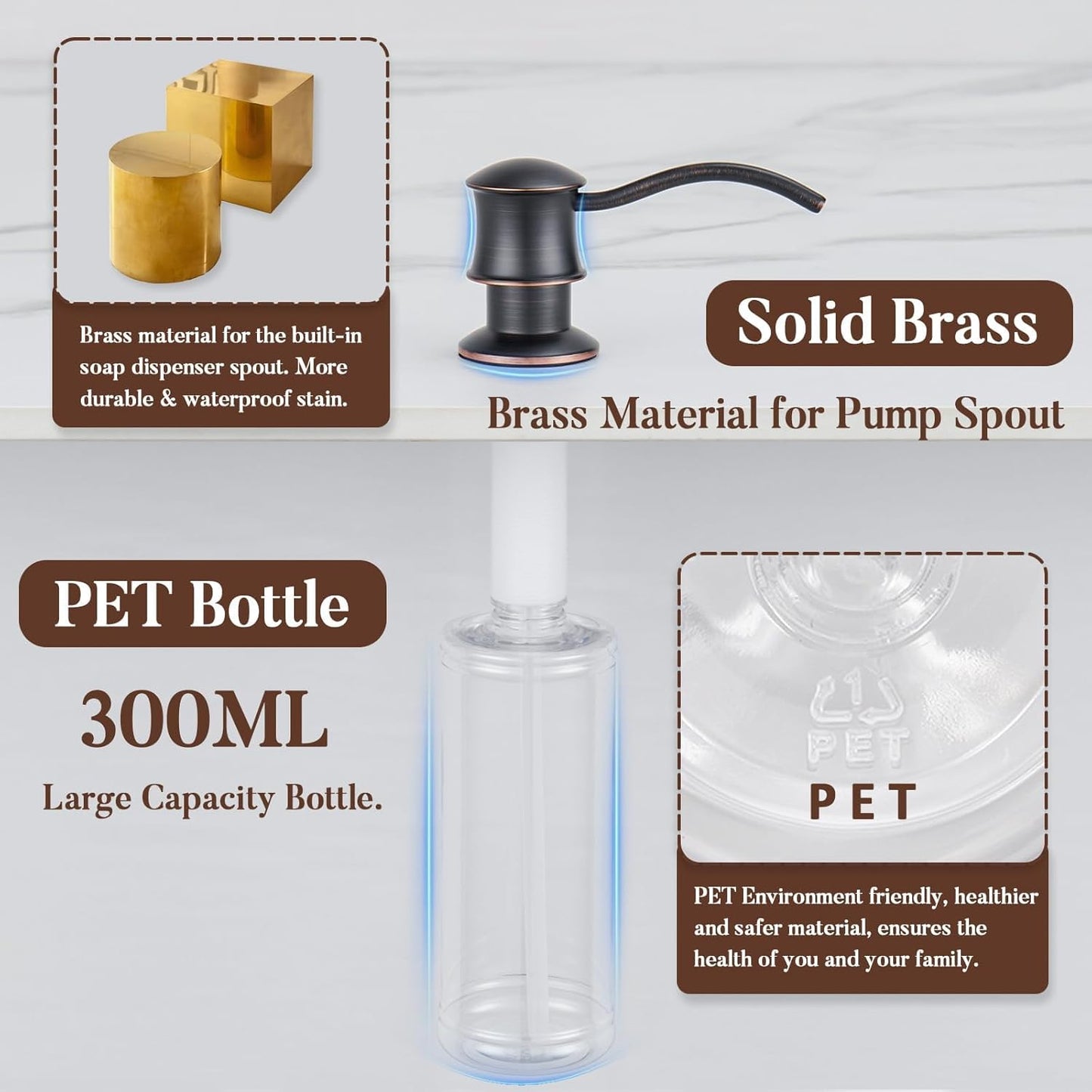 Built in Soap Dispenser for Kitchen Sink Countertop, Solid Brass Pump Head Long Spout with 10.2 Ounce PET Food Safe Material Lotion Bottle, Oil Rubber Bronze Finish