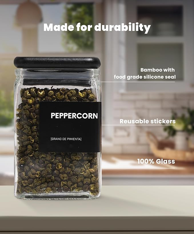 Glass Square Spice Jars with Labels, 4oz Glass Jars with Bamboo Lids, Spice Bottles, Seasoning Organizer, 12 Pack (Black)