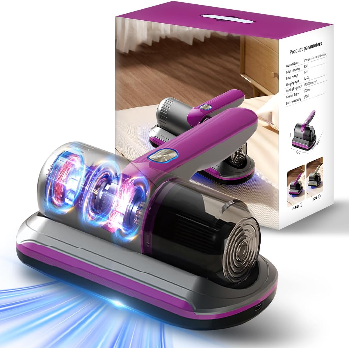 PATO Mattress Vacuum Cleaner, Wireless Handheld Bed Vacuum Cleaner With UV-C Light, HEPA Filter and Ultrasonic Vibration, 12KPa, Suitable for Beds, Sofas, Car Seats, Carpets (Purple;)