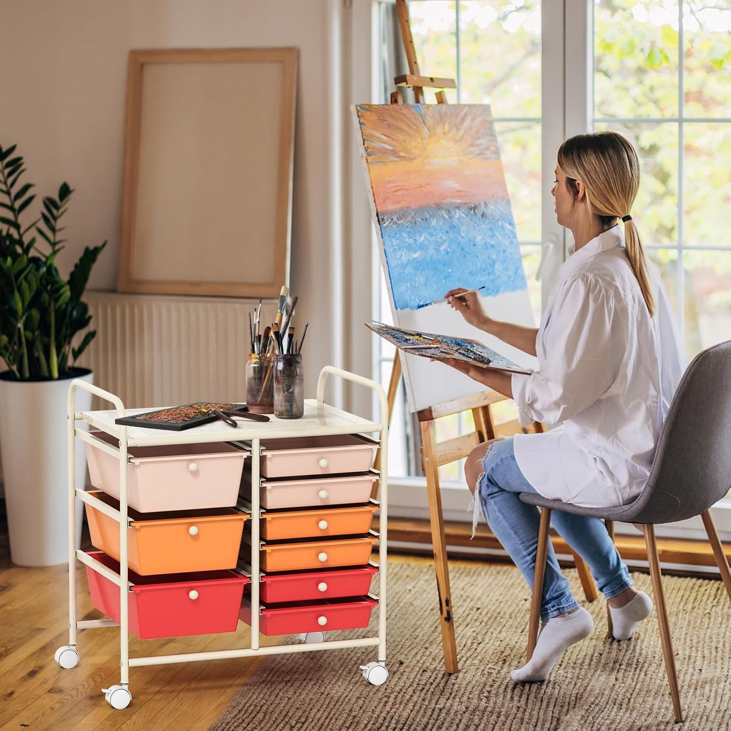 GOFLAME 9-Drawer Rolling Storage Cart, Mobile Utility Cart with Removable Drawers & Metal Frame, Art Craft Organizer Cart with Lockable Wheels, Storage Drawer Cart for Home Office, Macaron Color