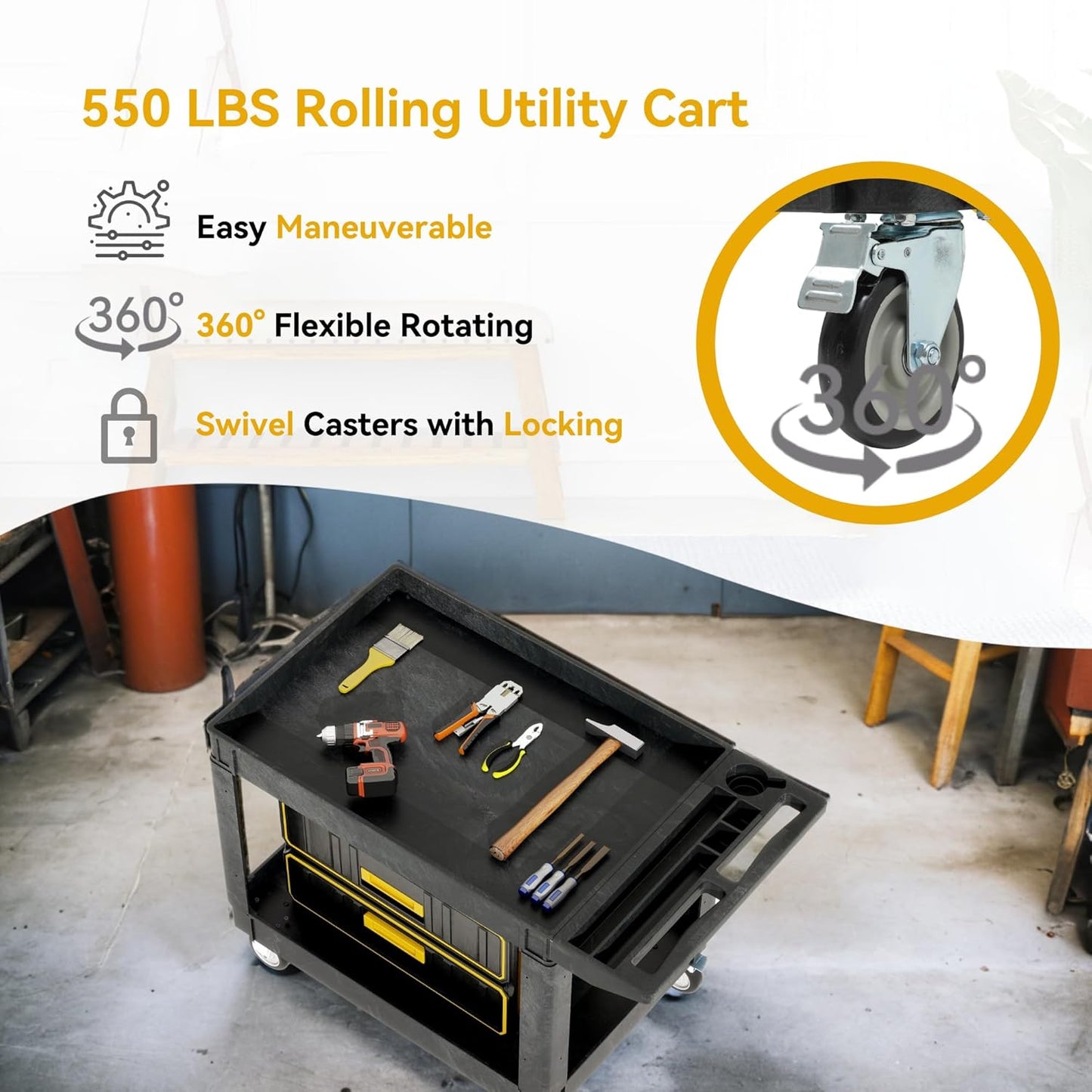 DWVO Utility Service Cart on Wheels, 45 X 25 in 550 LBS Heavy Duty Rolling Cart Plastic Work Cart for Warehouse Garage School & Office Cleaning