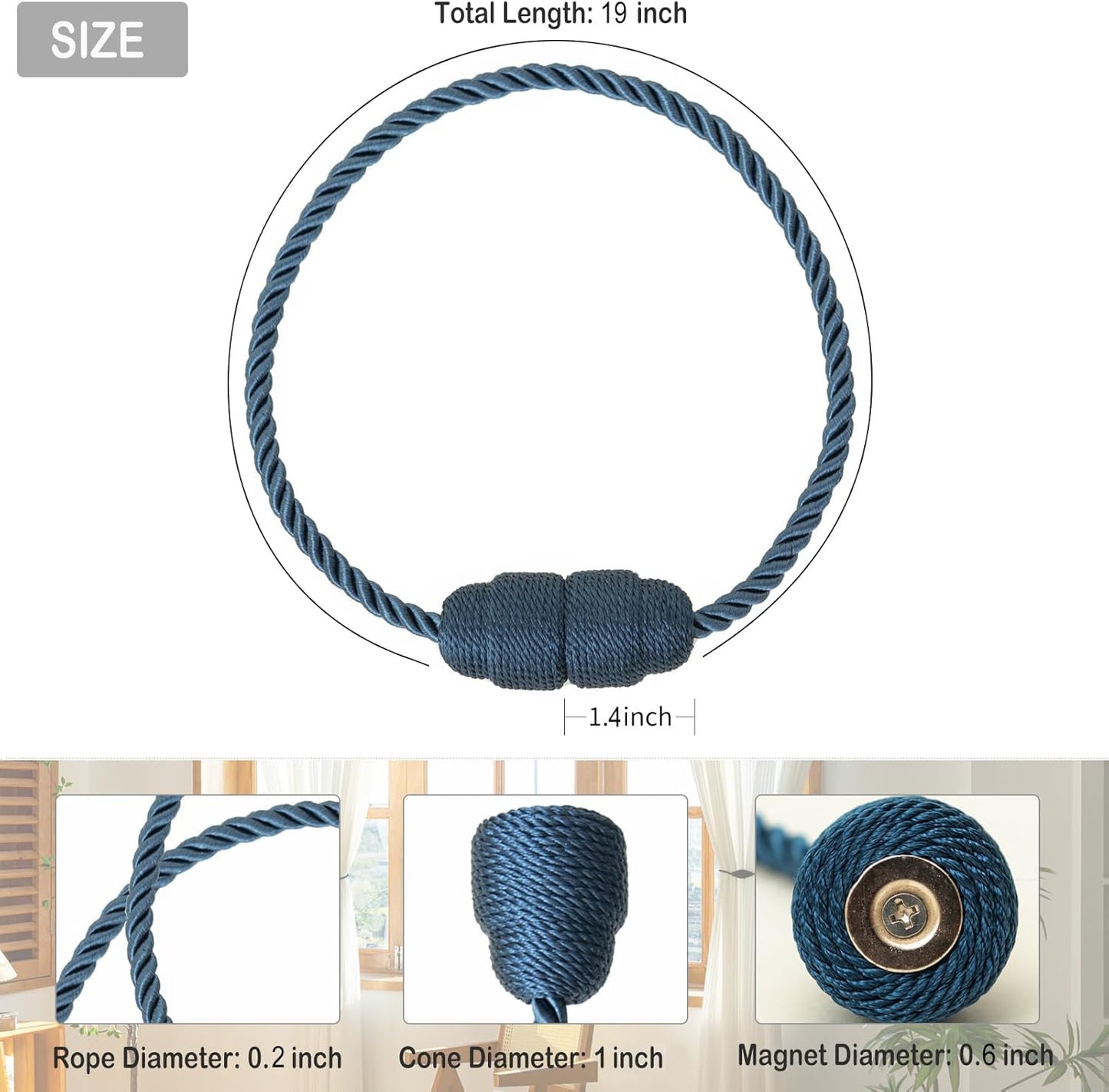 Magnetic Curtain Tiebacks - Rope Tiebacks for Curtains & Drapes, Decorative Window Holdbacks (2 Pack, Blue)