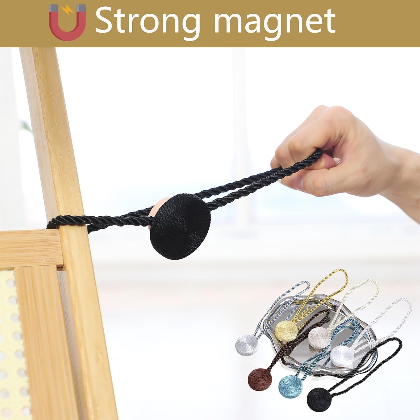 Magnetic Curtain Tiebacks - 12mm Magnetic Tie Backs for Curtains, Heavy Duty No Drill Curtain Holdbacks for Home/Office Windows Drapes, Elegant Gift-Ready Design 7 Colors (4, Black)