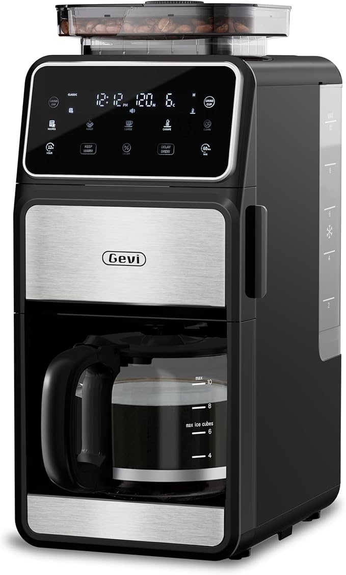 Gevi 10 Cup Drip Coffee Maker with Built-in Grinder, Grind ＆ Brew Burr Combo Coffee Machine with Touch Screen, Programmable, 4-Hour Warm Plate, Permanent Filter, Coffee Carafe