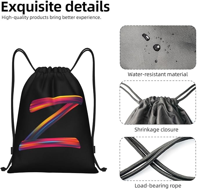 Drawstring Bags Initial Drawstring Backpack Sackpack Black Draw String Cinch Bags for Sports, Gym, Travel, Swimming, Beach, Camping, Rainbow Letter Z