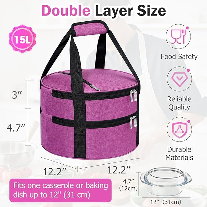 Round Double Insulated Casserole Carrier, Pie Carrier Bag, Portable Casserole Carrier for Hot or Cold Food Lunch Tote, Lunch Bag for Parties Picnic, Fits 12.5" Baking Dish, Rose Red