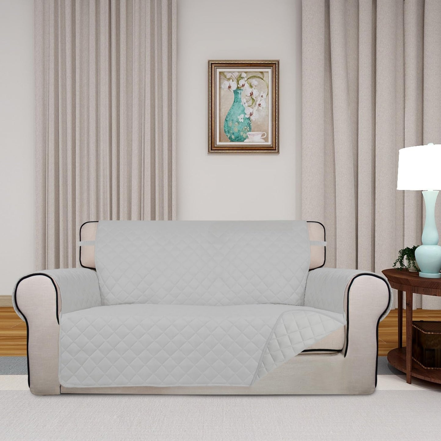 PureFit Reversible Quilted Sofa Cover, Water Resistant Furniture Protector, Washable Couch Cover with Non Slip and Elastic Straps for Kids, Dogs, Pets (Oversized Loveseat, Light Gray/Light Gray)
