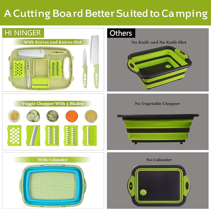 Camping Cutting Board, HI NINGER Collapsible Chopping Board with Colander, 9-In-1 Multi Chopping Board Kitchen Vegetable Washing Basket for Camping,Camping Gifts Camping Accessories for RV Campers