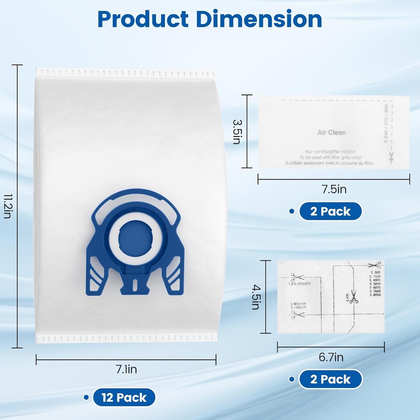 12 Pack 3D Airclean GN Vacuum Bags Compatible with Miele Classic C1, Complete C1, Complete C2, Complete C3, S227 S240, S270, S400, S2, S5, S8 Series Canister Vacuum Cleaner