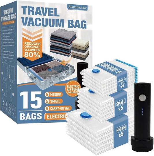 Travel Vacuum Storage Bags with Electric Pump, 15 Combo Travel Packing Bags for Luggage and Suitcase, Carry-on Size Compression Space Saver for Clothes and Clothing