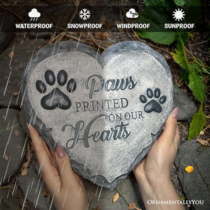Elegant Resin Stepping Stone, Outdoor Garden Pathway Decoration (Paws Printed on Our Hearts Memorial Stepping Stone for Pet, 9.5" Dog Funeral and Pet Cemetery Decor)