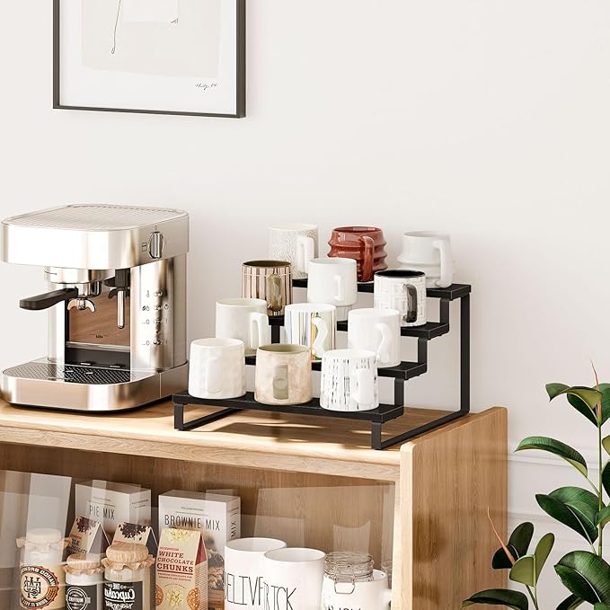 Giikin 4 Tier Spice Rack, Cabinet Organizer Shelf, Wooden Spice Rack for Countertop, Kitchen Counter Storage Shelves Cupcake Stand Holder Display Stand, Black