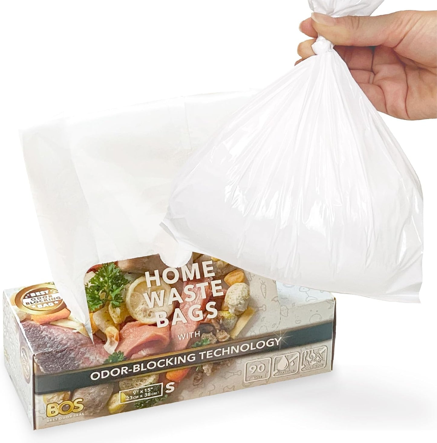 BOS Odor-Sealing Kitchen, Home & Food Small Trash Bags for Waste- Disposable Bags - Scent & Smell Free (90 Bags) [Size S, Color White] ★Brand-new packaging!