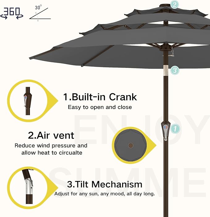 Kingdura 9ft 3-Tier Patio Umbrella, Outdoor Table Umbrella with Easy Crank & Tilt, 8 Reinforced Ribs, UV Protection for Deck, Pool, Market, Backyard (Grey)