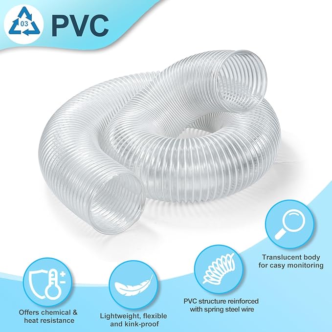 Flexible PVC Dust Collection Hose With Stainless Steel Clamps - Clear Vacuum Hose Fittings and Collector Accessories for Woodworking (6 Inch, 10 ft)