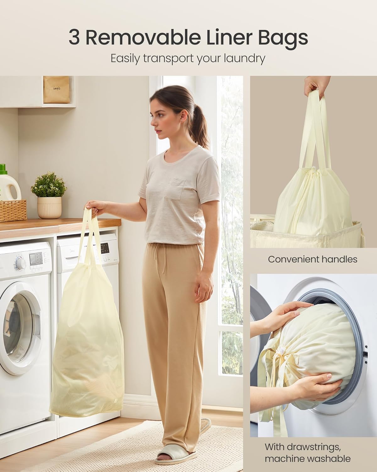 SONGMICS 42.2 Gallon (160 L) Laundry Hamper, 3-Compartment Laundry Basket Sorter with Lid, Labels, Removable Liner Bags, for Bedroom, Cream White URLH013W01