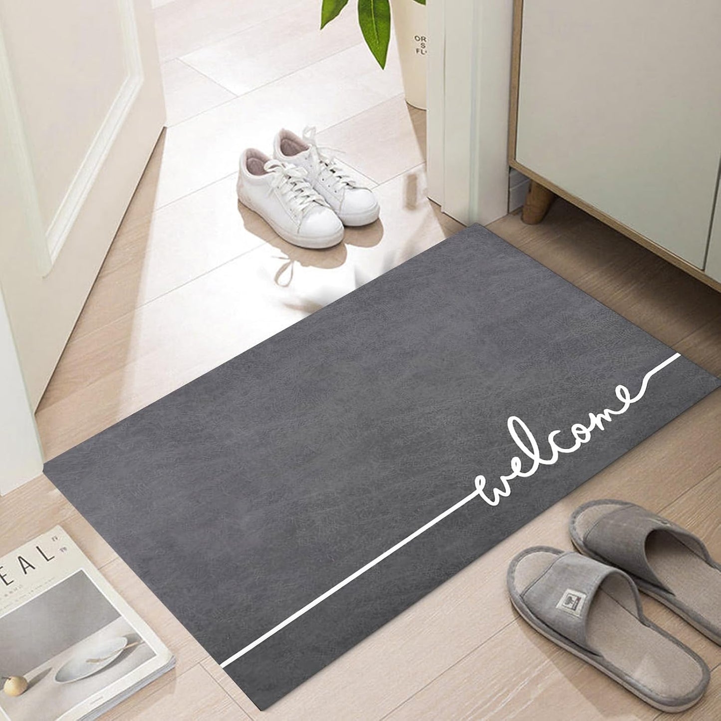 Welcome Mat Indoor, Ultra Thin Door Mat, 1/10 in Thin Door Mats for Inside Entry, Non-Slip Rubber Backing, Washable Doormat, Fade Resistant, Absorbent, Low Profile Dirt Trapper, 30"X17",Grey