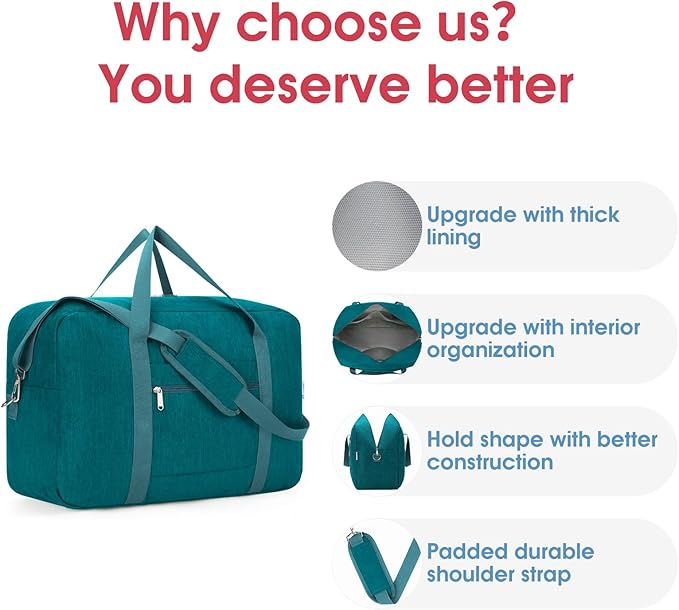 Carry on luaggage 22x14x9 Airlines Approved Foldable Carry on Bag Travel Duffel Packable Duffle Overnight for Women and Men 40L (Teal)