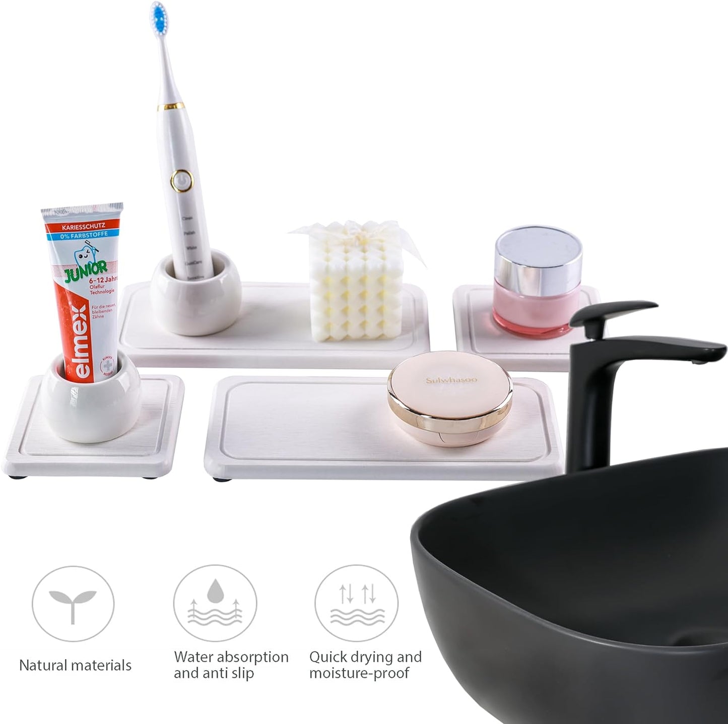 2 Pcs Water Absorbing Stone Trays, Kitchen/Bathroom Sink Soap Dish, Diatomite Tray Used for Hand Soap & Cosmetic Bottles in The Modern Home, 4" W x 8.3" L, White