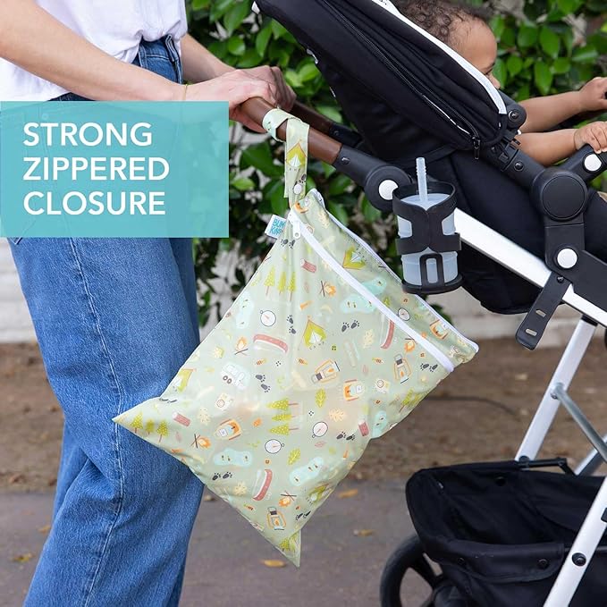 Bumkins Waterproof Wet Dry Bag for Baby, Travel, Swim Suit, Cloth Diapers, Pump Parts, Pool, Beach, Gym Clothes, Toiletry, Hook to Stroller, Daycare, Zip Reusable Wetdry Packing Pouch, Camp Gear Green