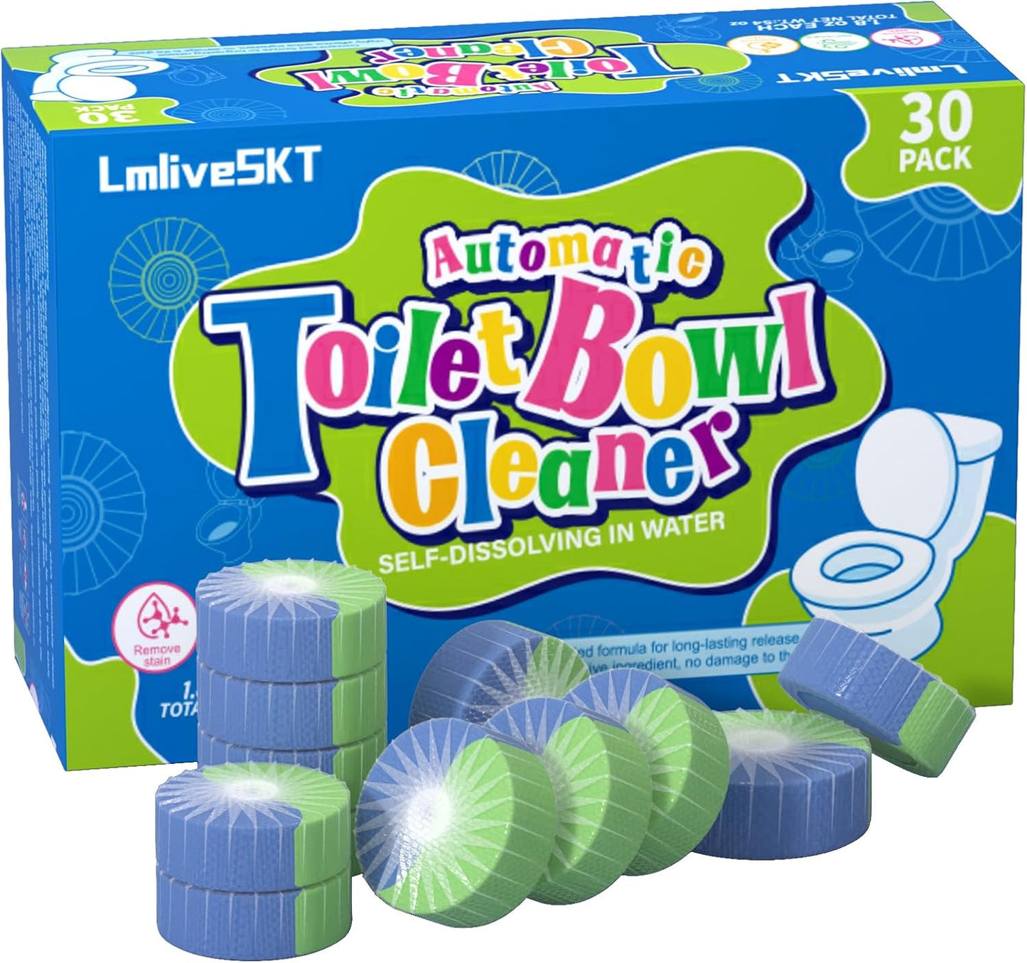 Automatic Toilet Bowl Cleaner Tablets, 30-Pack Long-Lasting Toilet Tank Cleaner for Bathroom, Blue Water Freshener, Prevents Stains & Odor, Safe for All Toilets (30, Blue and green)