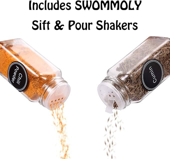 SWOMMOLY 66 Glass Spice Jars with 703 Spice Labels, Chalk Marker and Funnel Complete Set. 66 Square Glass Jars 4oz, Airtight Cap, Pour/sift Shaker Lid