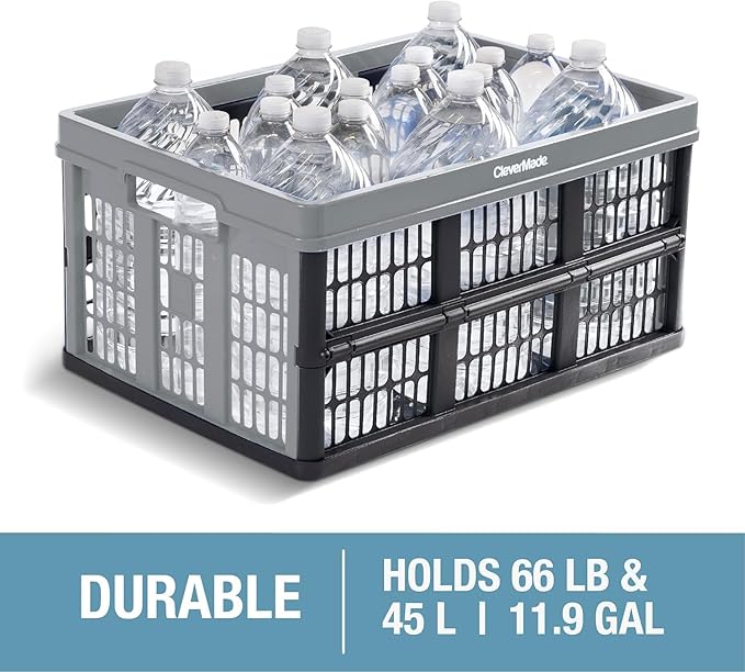CleverMade Collapsible Utility Crates-Obsidian 3pck 45L / 11 Gal holds 66 lbs - Stackable Containers Heavy Duty Capacity Crates Space-Saving Baskets