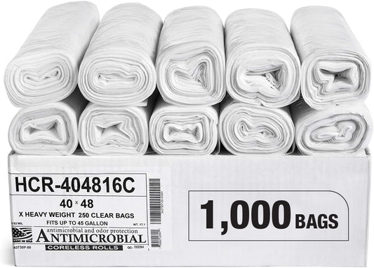 Aluf Plastics High Density Trash Bags, 45 Gallon, 1000 Count, 16 Micron (eq), 40" x 48", Clear, for Bathroom, Office, Industrial, Commercial, Janitorial, Municipal, Recycling