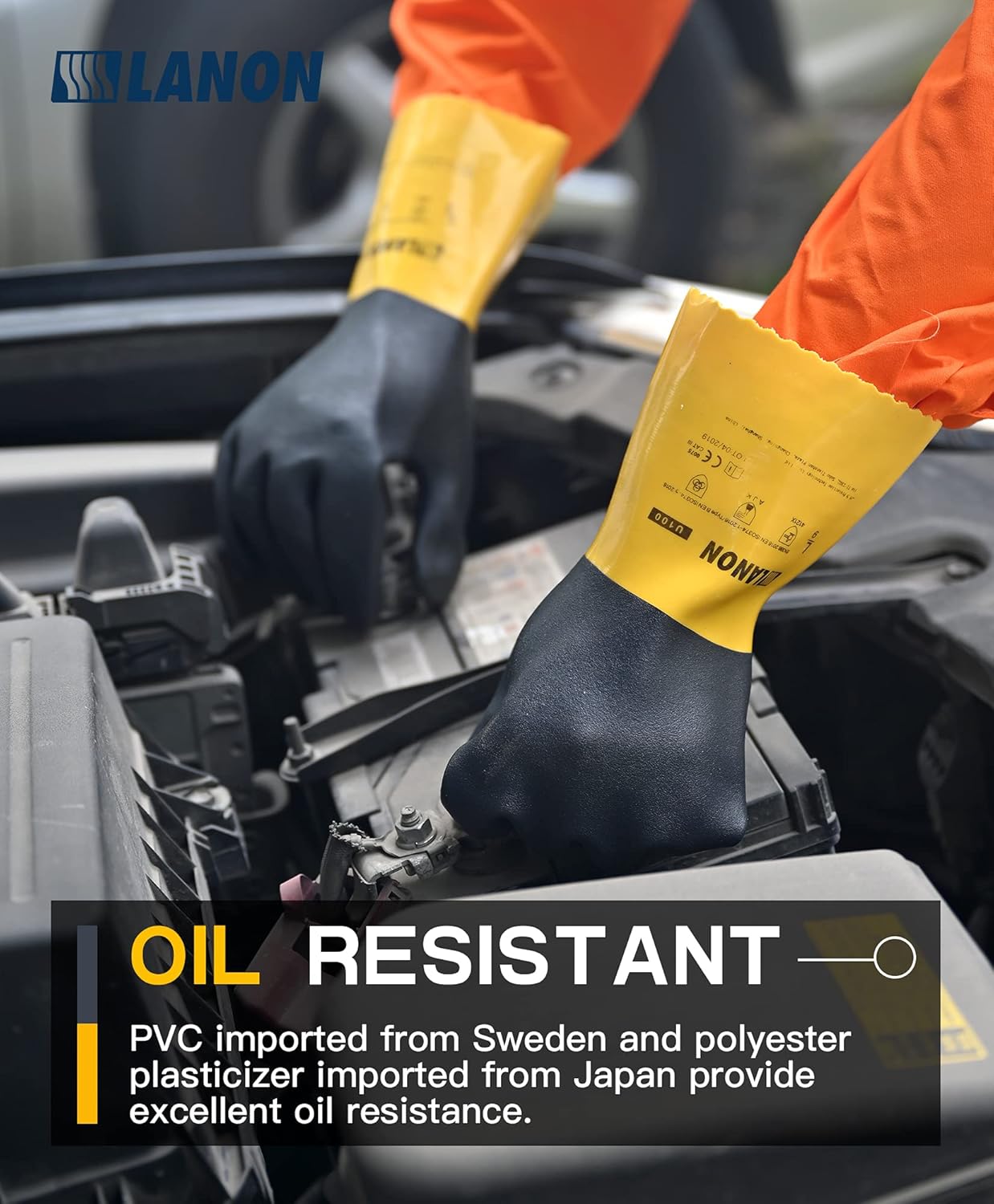 LANON 3 Pairs PVC Chemical Gloves, Thick Rubber Work Gloves, Heavy-Duty, EN 374/388, Acid, Alkali and Oil, Non-Slip, Large