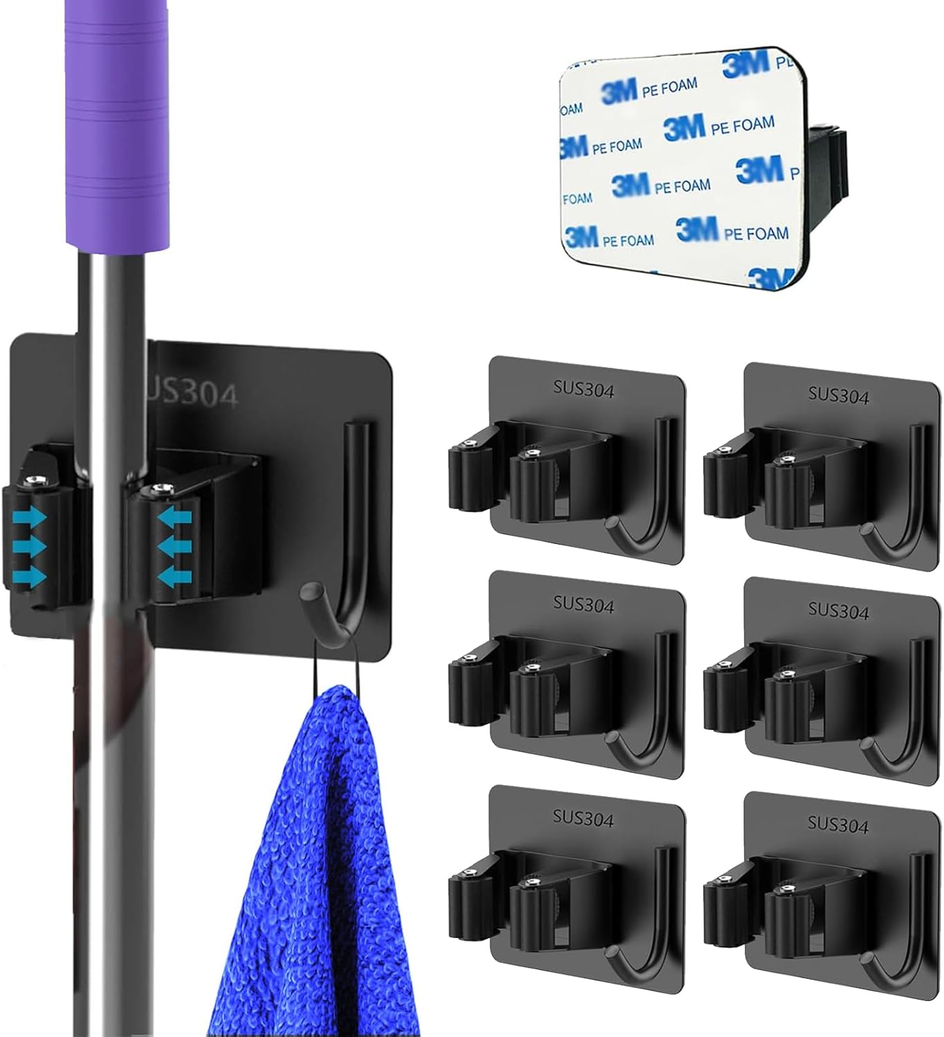 Mop and Broom Holder Wall Mount Stainless Steel Broom Mop Hanger Wall Mounted Garden Tool Rack Organizer for Closet Garage Laundry Room Kitchen Decor (Black) (6)