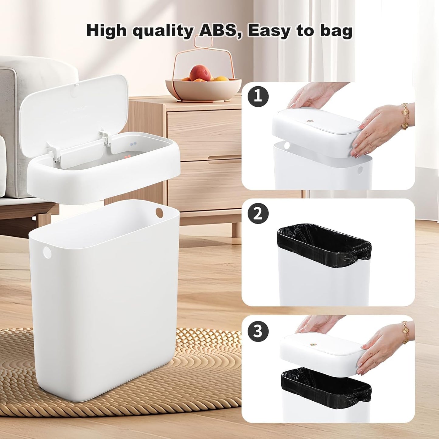 funest Bathroom Small Trash Can with Lid, 13 Liter/3.4 Gallon Slim Garbage Bin with Press Top Lid, White Wastebasket for Bedroom, Office, Kitchen, RV