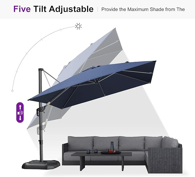 PURPLE LEAF Patio Umbrella with Base 10 Feet Outdoor Cantilever Square Umbrella Aluminum Offset Umbrella with 360-degree Rotation for Garden Deck Pool Patio, Navy Blue