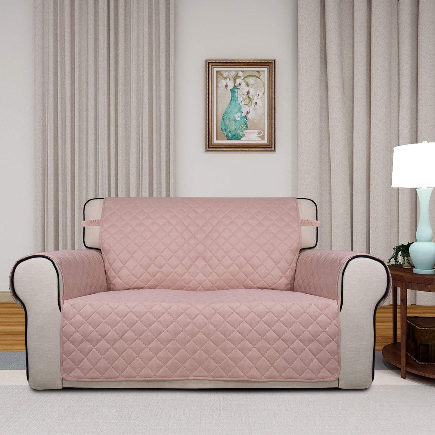 PureFit Reversible Quilted Sofa Cover, Water Resistant Slipcover Furniture Protector, Washable Couch Cover with Non Slip and Elastic Straps for Kids, Dogs, Pets (Loveseat, Pink/Beige)