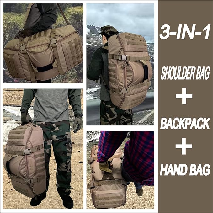 Travel Gym Duffle Bag Tactical, Gear Bag for Men Women, Large Duffle Bag for Travel, 3 in 1 Shoulder Bag Backpack Handbag for Sports Hiking Camping, Water Resistant & Easy Clean (Khaki, 55L)