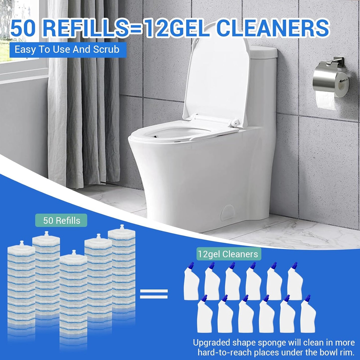 50PC Toilet Bowl Wand Refills, Disposable Toilet Brush Heads, Wall Mounted Scrubber Refill, Cleaner Refill Pads with Most Brushes for and Bathroom Cleaning