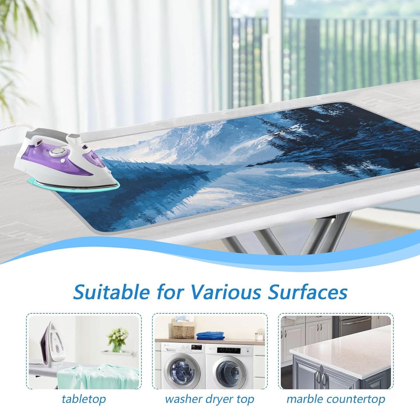 Ironing Mat Portable Ironing Pad Ironing Blanket for Table Top Heat Resistance Double-Side Using Travel Large 47.2 x 27.6 Inch Foldable Winter Blue Mountain and Mirrored Lake