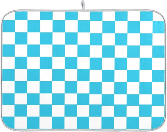 Turquoise Chessboard Dish Drying Mat for Kitchen Countertop 16x18 Teal Plaid Checkered Rectangle Small Drying Mat Reusable Quick Dry Dish Sink Absorbent Mats Easy Clean Decorative Home Essentials