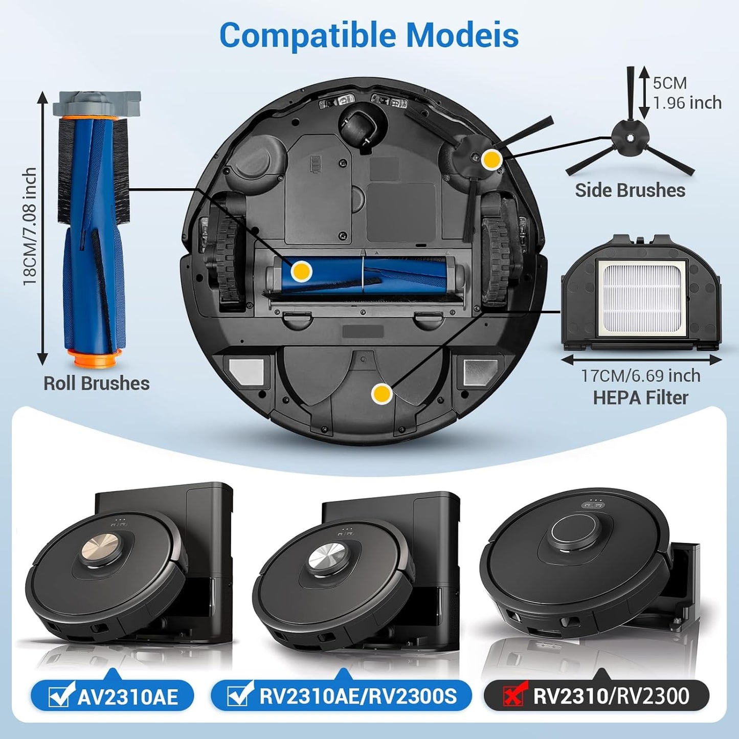 RV2310AE Replacement Parts for Shark RV2310AE AV2310AE RV2320S RV2300S Matrix UR2360S UR2350AE Robot Vacuum Cleaner 1 Brush Roller, 2 HEPA, 2 White Foam, 2 Black Foam, 6 Side Brushes