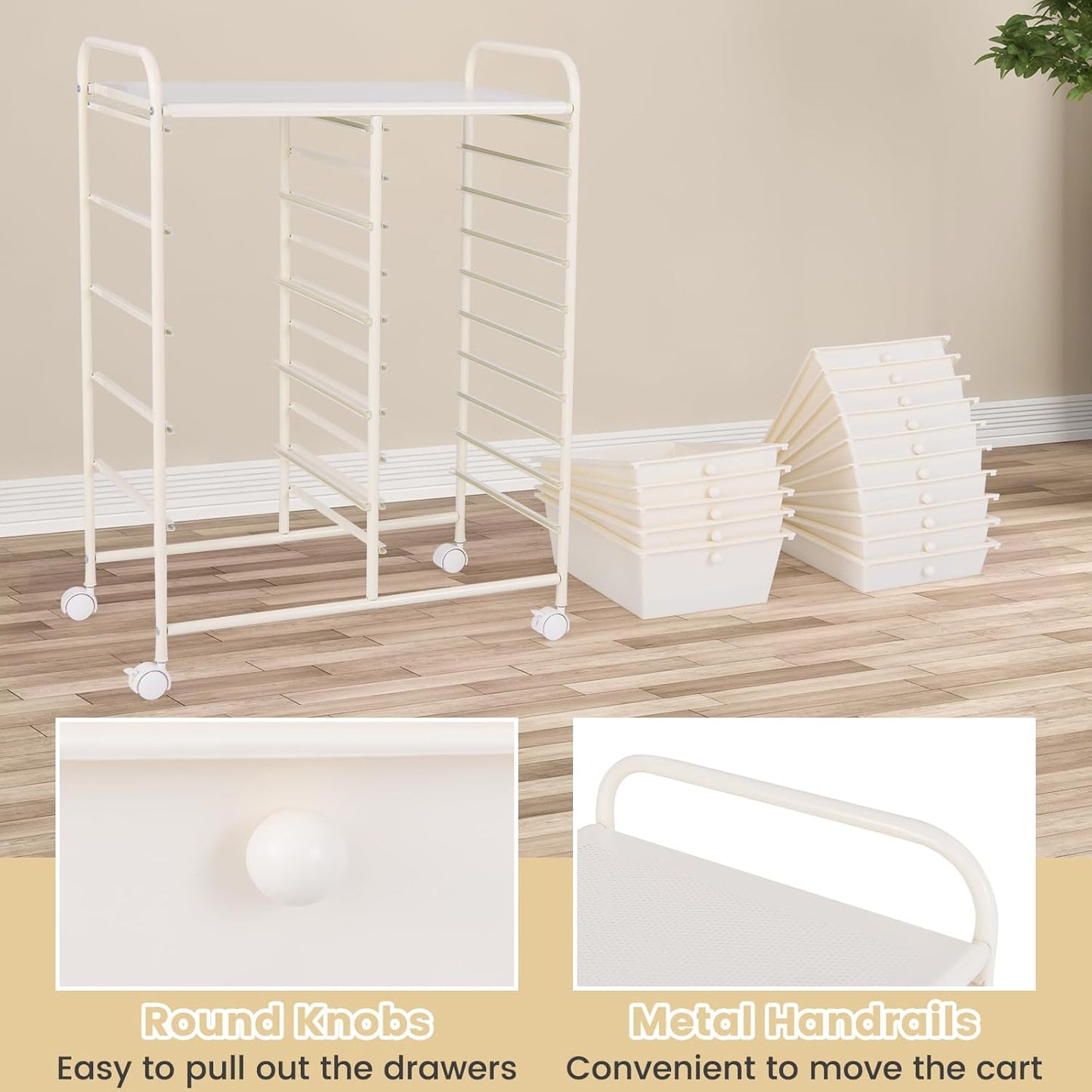 GOFLAME 15-Drawer Rolling Storage Cart, Multipurpose Movable Organizer Cart, Utility Cart for Home, Office, School, White