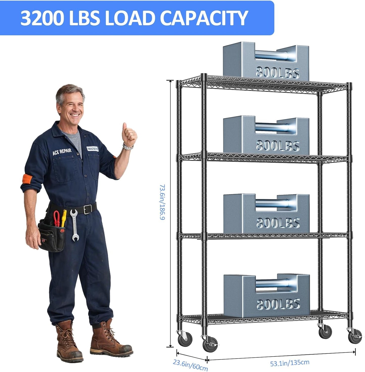 IZEUK Heavy Duty Garage Shelving, 4 Tier Wide Metal Storage Shelf Rack, Adjustable Utility Organizer for Basement, Warehouse, Garage, Black, 23.6" D x 53.1" W x 73.6" H