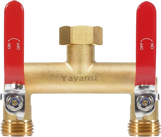 Garden Hose Splitter, 3/4” Rust and Freeze Resistant Outdoor Hose Manifold with 2 green Extra Long Handles Faucet Adapter-Heavy Duty Brass 2-Way Valve