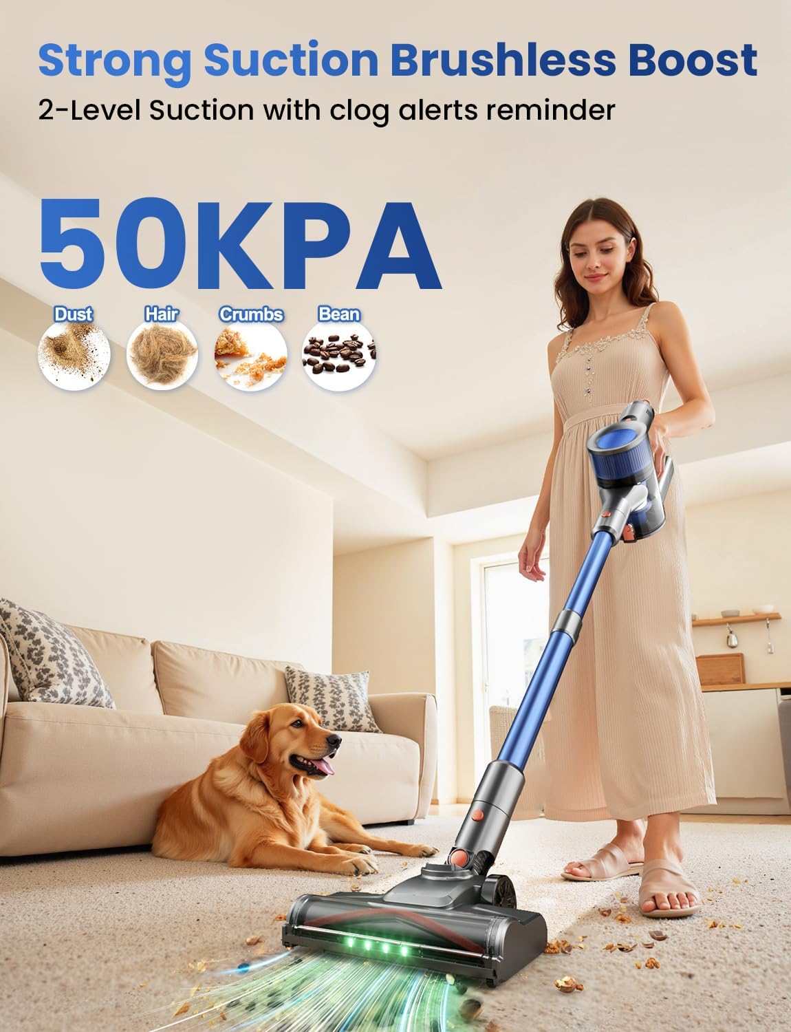 Dzaki Cordless Vacuum Cleaner, Stick Vacuum with Smart LED Display, 50KPA 55Mins Vacuum Cleaners for Home, Powerful Suction, Anti-Tangled Lightweight Rechargeable Vac for Pet Hair, Carpet, Hard Floor