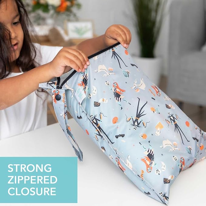 Bumkins Disney Waterproof Wet Bag for Baby, Travel, Swim Suit, Cloth Diapers, Pump Parts, Pool, Beach, Gym Clothes, Toiletry, Hook to Stroller, Daycare, Zip Reusable Wetdry, Nightmare Before Christmas