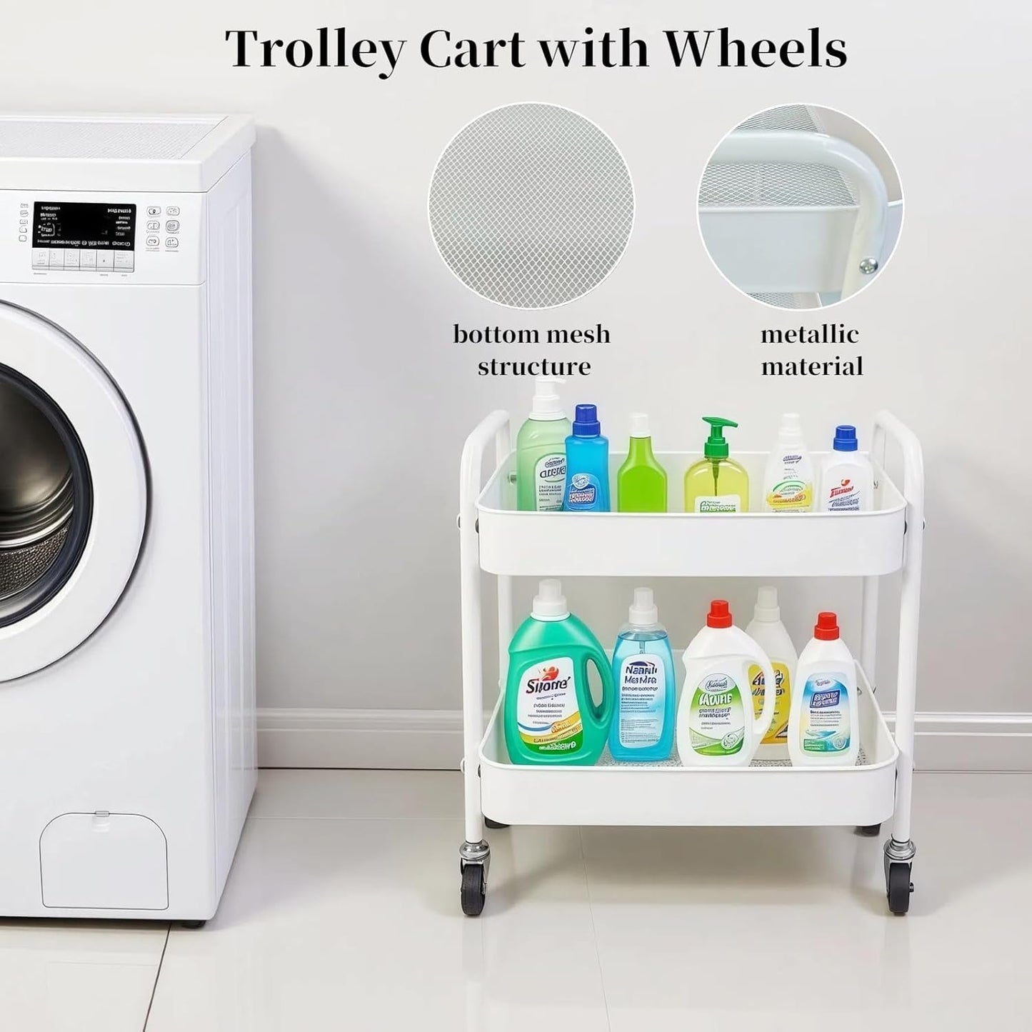 2 Tier Metal Rolling Cart with Wheels for Under Desk Storage & Pantry Storage, High Load-Bearing Kitchen Utility Cart for Small Space, Laundry Room Organization Side Table with 4 Hooks, White