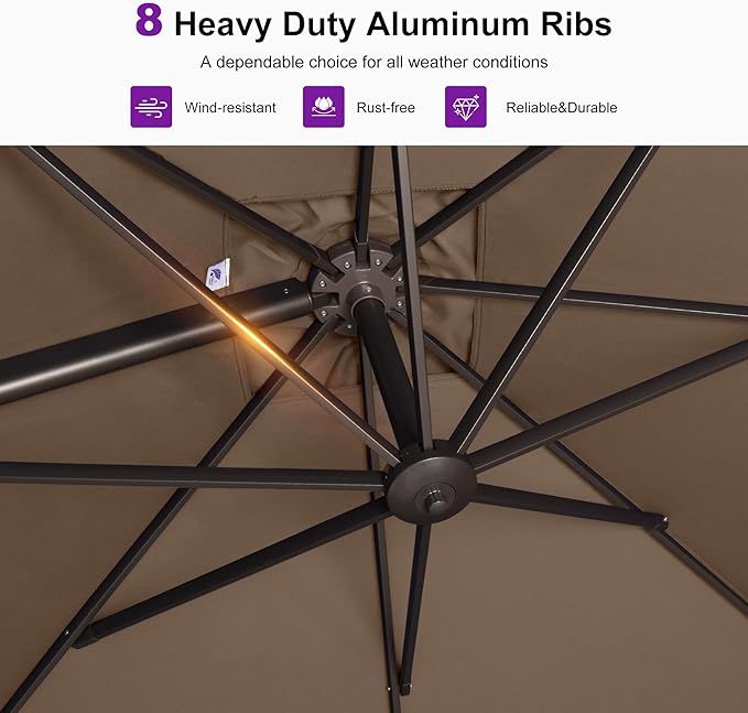PURPLE LEAF 10 Feet Patio Cantilever Umbrella Square Outdoor Umbrella with 360° Rotation and Aluminum Offset Hanging for Garden Backyard Pool, Taupe