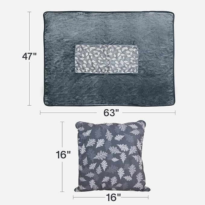 EighteenTek Blanket 2-in-1 Pillow and Blanket Combo Set Compact Soft Warm Fleece Charcoal 63" Lx47 W