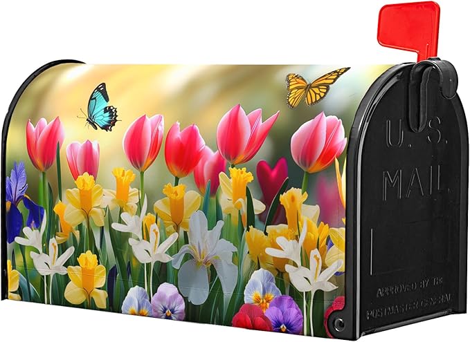 Spring Flowers Mailbox Covers Magnetic Standard Size 21’’x18’’ Floral Butterfly Letter Box Wrap Spring Summer Seasonal Waterproof Post Letter Box Wrap Decor for Home Outdoor Garden Yard