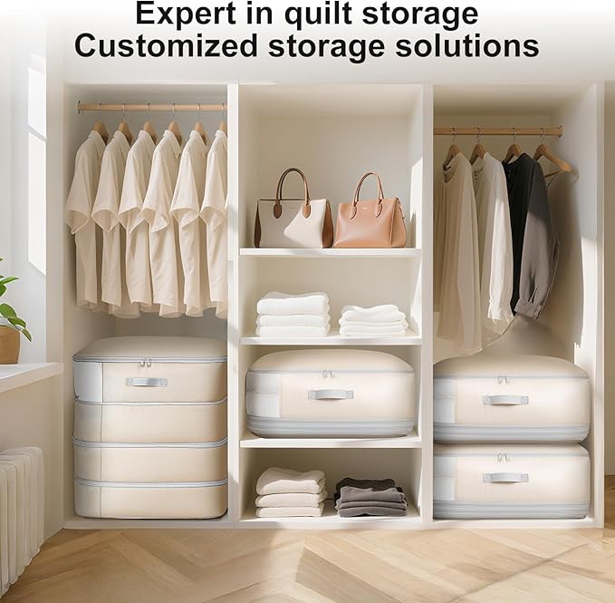 Comforter Storage Bag - 130L Large Capacity Blanket Storage Bags 4-Layer Ultra Space Saving Self Compression Organizer, Washable Compression Bags for Storage Comforter Blanket, 2-Pack, Beige